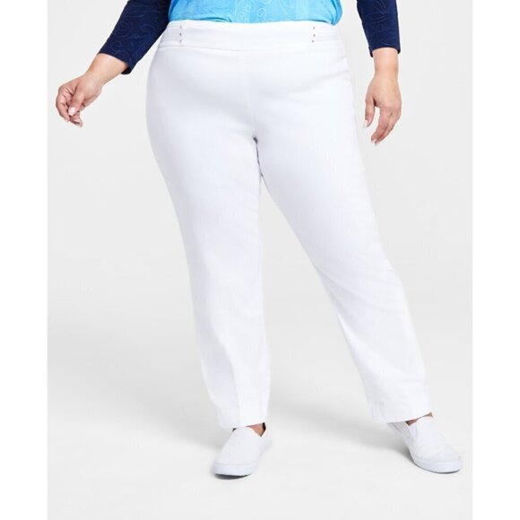 JM Collection Plus Size White Stretchy Tummy Control Pull-On Slim-Leg Pants NWT - Picture 1 of 8
